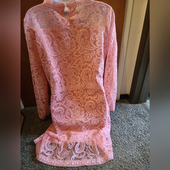 Pretty in Pink lace lined handmade long sleeve stretch lace dress szM - Picture 4 of 9
